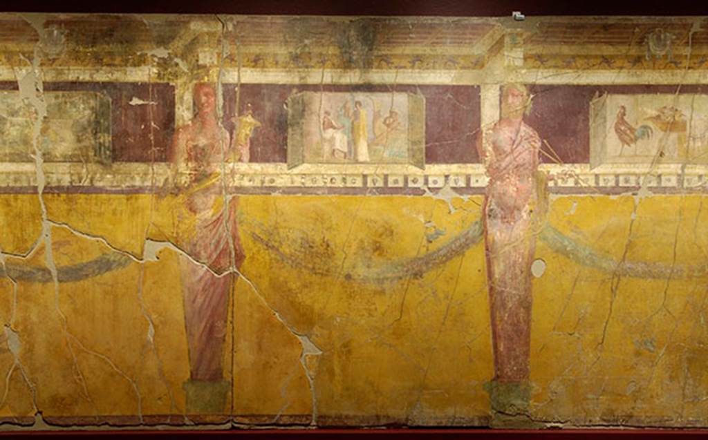 I.6.2 Pompeii. South wall of oecus/triclinium in south-east corner. Painted wall plaster with three panels. SAP inventory number 59469b.