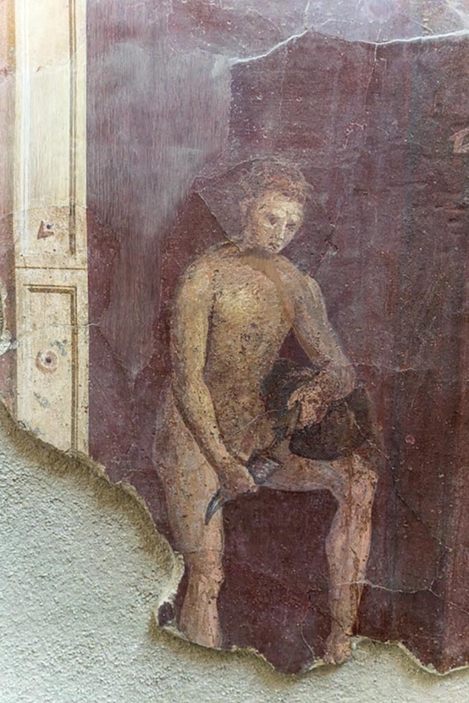 I.6.2 Pompeii. October 2023. 
Detail of figure at west end of south wall. Photo courtesy of Johannes Eber.
