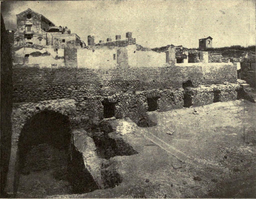 I.6.2 Pompeii. Looking north over the rear garden area towards the north wall.
The wide windows of the loggia can be seen at the top, the windows of the cryptoporticus can be seen below them.
On the right, can be seen the stairs leading from the upper loggia down into the garden.
See Notizie degli Scavi di Antichità,1914, p.259 (fig. 3). 
