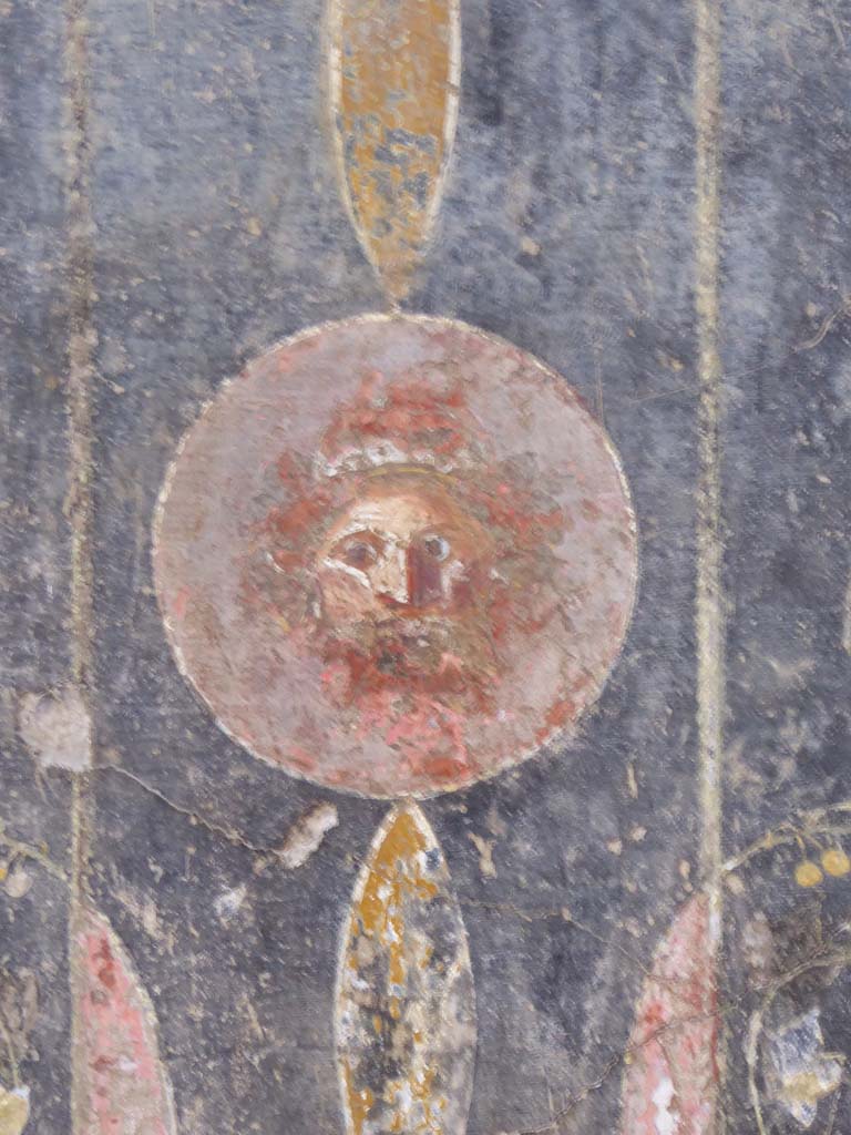 I.6.11 Pompeii. September 2015. 
West wall of atrium, on north side of doorway to cubiculum 4, detail of painted decoration.
Foto Annette Haug, ERC Grant 681269 DCOR.
