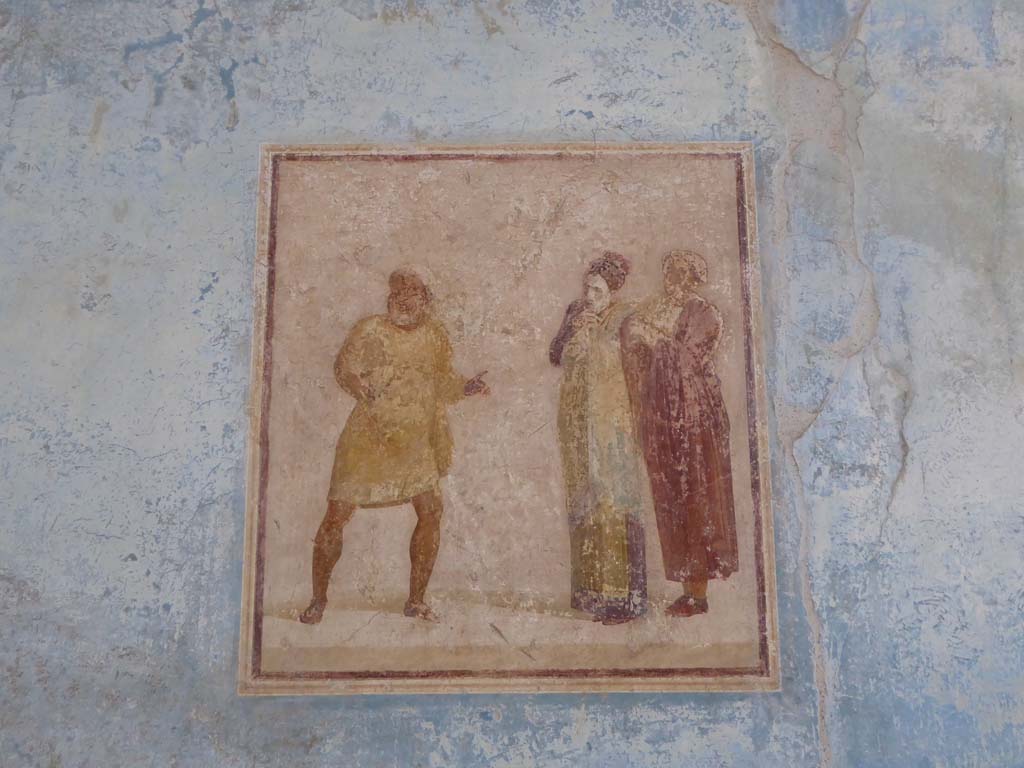 I.6.11 Pompeii. September 2015. Looking towards east wall of atrium with wall painting of theatrical scene.
Foto Annette Haug, ERC Grant 681269 DCOR.

