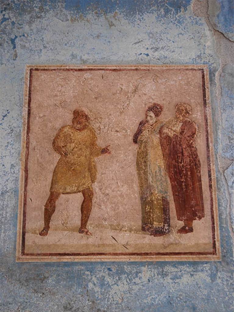 I.6.11 Pompeii. October 2013. East wall of atrium, wall painting of theatrical scene. Photo courtesy of Paula Lock
