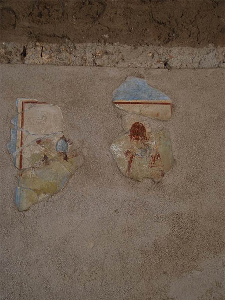 I.6.11 Pompeii. October 2013. East wall of atrium. Remains of wall painting from south side of the door to the second cubiculum in the east wall of atrium. Photo courtesy of Paula Lock.

