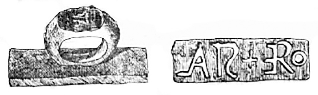 I.6.13 Pompeii. 1929. Seal found between the tablinum and the podium of the small garden. 
The drawing from NdS shows rectangular tablet, with a ring grip on the back. 
On the ring grip is a representation of a theatrical mask.
On it is the inscription STAL ERO, which Maiuri expands to Stal(lius) Ero(s).
According to Maiuri, this seal from the rubble of the house gives the name of the last owner, Stallius Eros, who lived here, before the [..earthquake?…] disaster of 63 reduced the house to a heap of ruins.
See Notizie degli Scavi di Antichità, 1929, p. 435, figs. 46-7.

