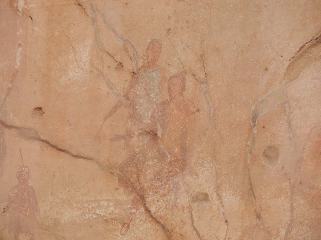 I.6.15 Pompeii. June 2019. Room 9, east wall of small garden. Detail of figures in Nile scene.
Photo courtesy of Buzz Ferebee.
