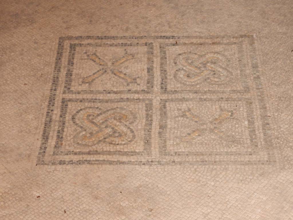 I.6.15 Pompeii. June 2019. Room 11, emblema in centre of mosaic floor. Photo courtesy of Buzz Ferebee.