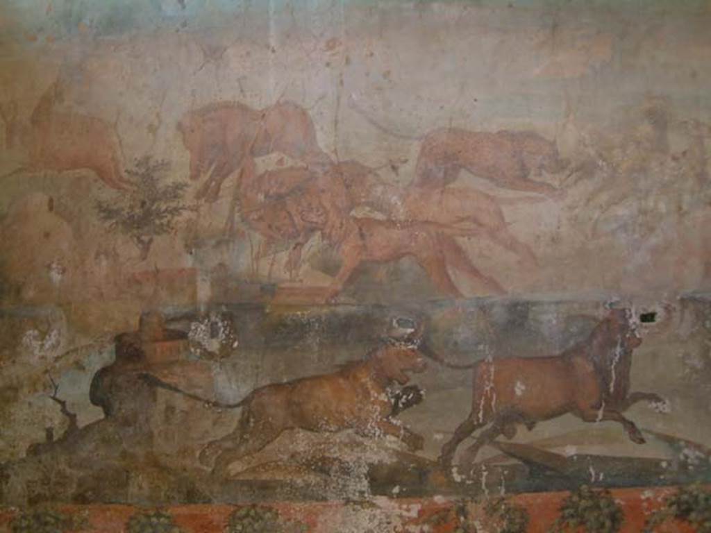 I.6.15 Pompeii. May 2002. Room 9, detail of hunt painting from north wall. Photo courtesy of David Hingston.
