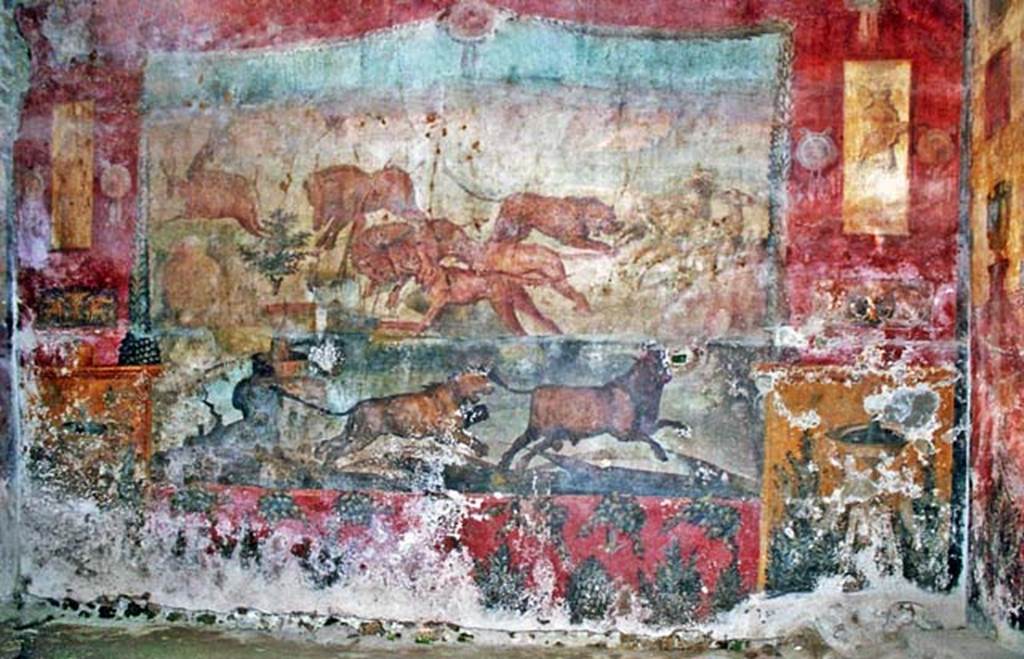 I.6.15 Pompeii. October 2001. Room 9, detail of hunt painting from north wall. Photo courtesy of Peter Woods. 
