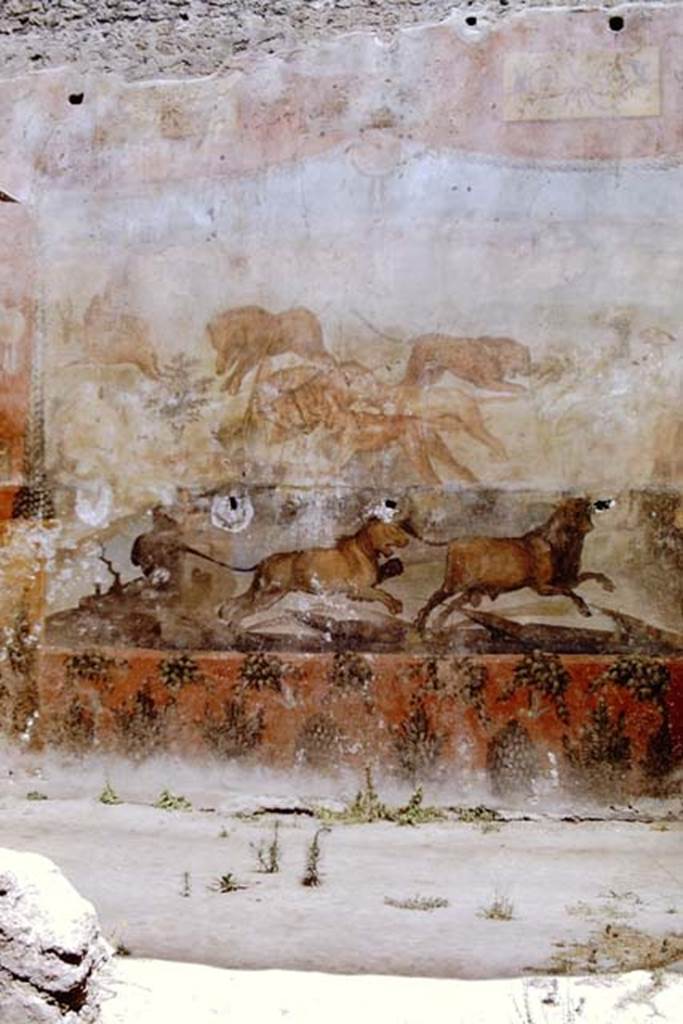 I.6.15 Pompeii. 1968. 
Room 9, north wall of small garden with detail from painting of hunt scene. Photo by Stanley A. Jashemski.
Source: The Wilhelmina and Stanley A. Jashemski archive in the University of Maryland Library, Special Collections (See collection page) and made available under the Creative Commons Attribution-Non-Commercial License v.4. See Licence and use details.
J68f0509
