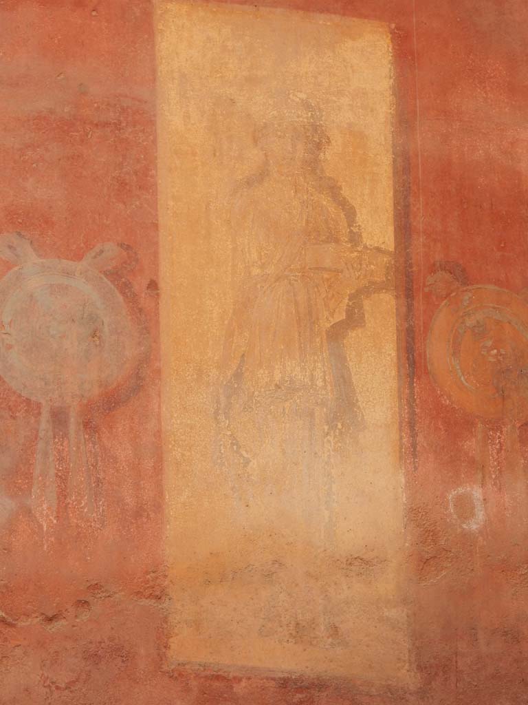 I.6.15 Pompeii. June 2019. 
Room 9, painted panel on east end of north wall of small garden. Photo courtesy of Buzz Ferebee.
