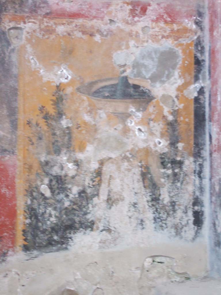 I.6.15 Pompeii. May 2006. Room 9, east end of north wall of small garden with painting of fountain.