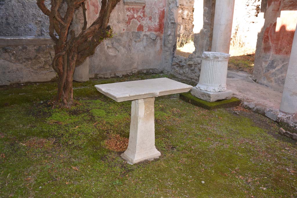 I.7.7 Pompeii. October 2019. Cartibulum (marble table) decorated with a lion’s head, and puteal, in the garden.
Foto Annette Haug, ERC Grant 681269 DÉCOR


