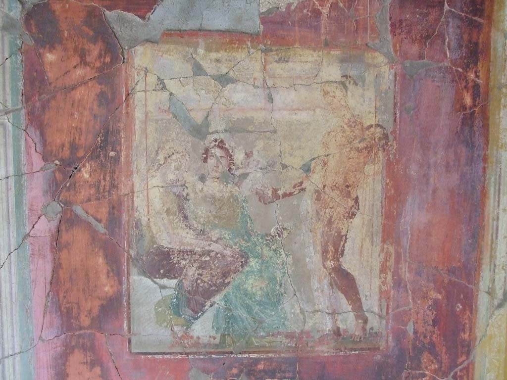 I.7.7 Pompeii. December 2006. 
Centre of south wall of cubiculum, wall painting of the seduction of Helen by Paris, in the presence of Venus.
