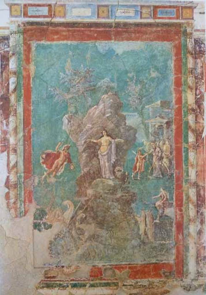 I.7.7 Pompeii. West wall of triclinium with wall painting of Perseus freeing Andromeda, when first excavated.
