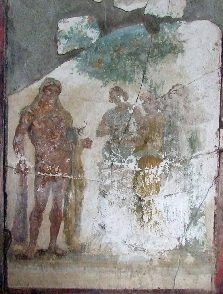 I.7.7 Pompeii. December 2006. 
North wall of triclinium, with wall painting of Heracles in the Garden of the Hesperides.
