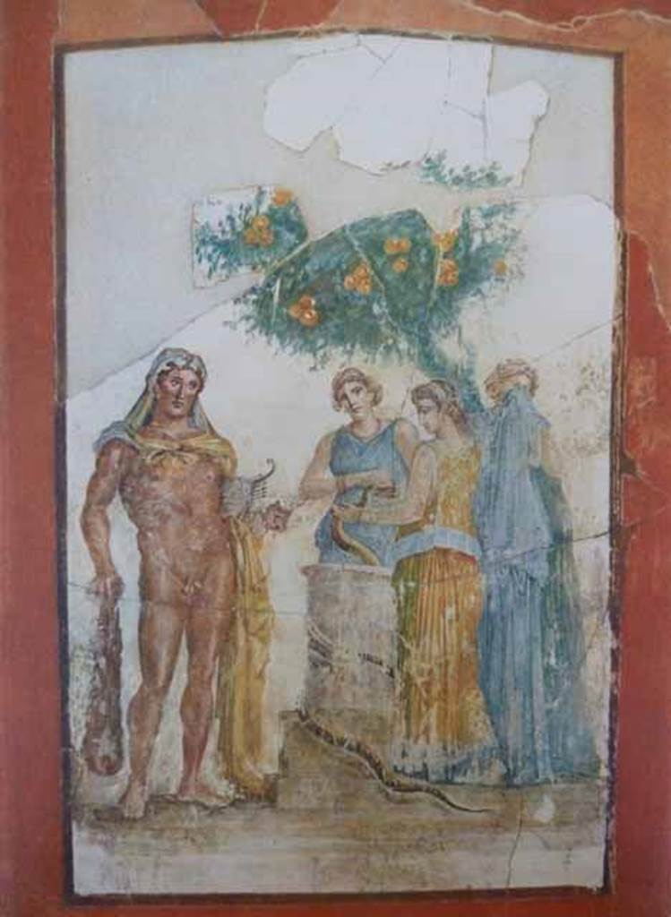I.7.7 Pompeii. North wall of triclinium, with wall painting of Heracles in the Garden of the Hesperides, when first excavated.
