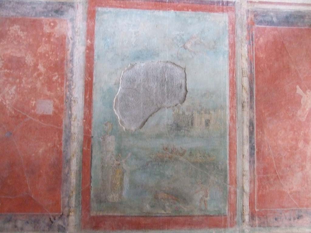 I.7.7 Pompeii. December 2006. East wall of triclinium, with wall painting of Daedalus and Icarus.