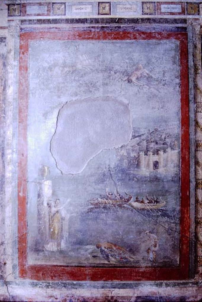 I.7.7 Pompeii. 1968. East wall of triclinium with wall painting of the Daedalus and Icarus.
Photo by Stanley A. Jashemski.
Source: The Wilhelmina and Stanley A. Jashemski archive in the University of Maryland Library, Special Collections (See collection page) and made available under the Creative Commons Attribution-Non Commercial License v.4. See Licence and use details.
J68f0709
