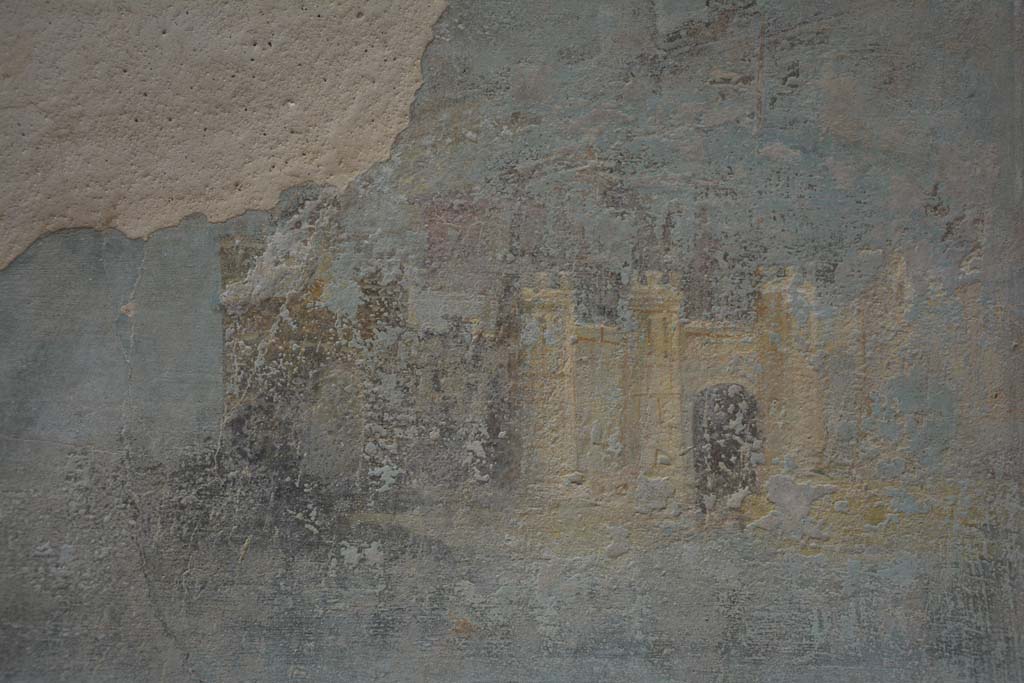 I.7.7 Pompeii. October 2019. 
Detail of town with high walls, towers and gates, palaces and temples, from central painting on east wall.
Foto Annette Haug, ERC Grant 681269 DÉCOR.
