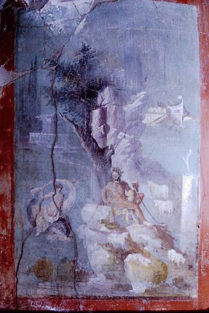 I.7.7 Pompeii. 1968. South wall of triclinium with wall painting of Polyphemus and Galatea.
Photo by Stanley A. Jashemski.
Source: The Wilhelmina and Stanley A. Jashemski archive in the University of Maryland Library, Special Collections (See collection page) and made available under the Creative Commons Attribution-Non Commercial License v.4. See Licence and use details.
J68f0711
