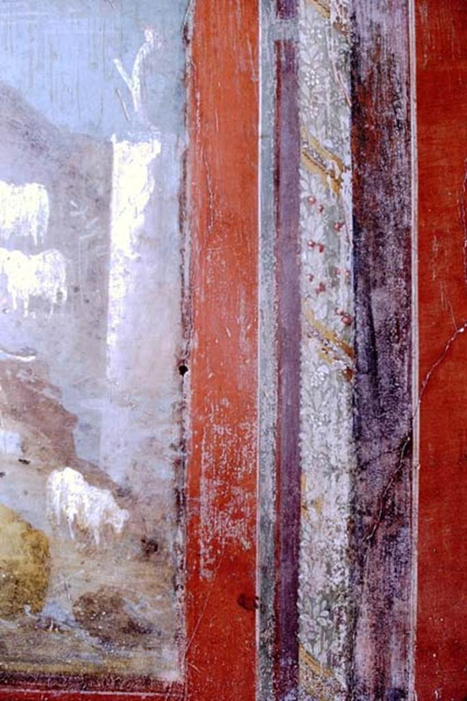 I.7.7 Pompeii. 1968. Detail of border edge of central painting from south wall of triclinium.
Photo by Stanley A. Jashemski.
Source: The Wilhelmina and Stanley A. Jashemski archive in the University of Maryland Library, Special Collections (See collection page) and made available under the Creative Commons Attribution-Non Commercial License v.4. See Licence and use details.
J68f0713
