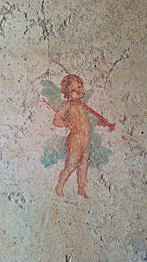 I.7.11 Pompeii. 2017/2018/2019.
Wall painting of cupid with sword from south wall of bedroom. Photo courtesy of Giuseppe Ciaramella.
