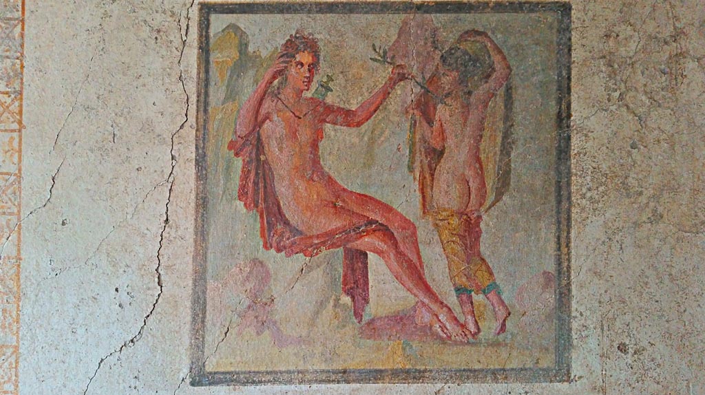 I.7.11 Pompeii. 2017/2018/2019. Central wall painting of Apollo and Daphne, on south wall. Photo courtesy of Giuseppe Ciaramella.