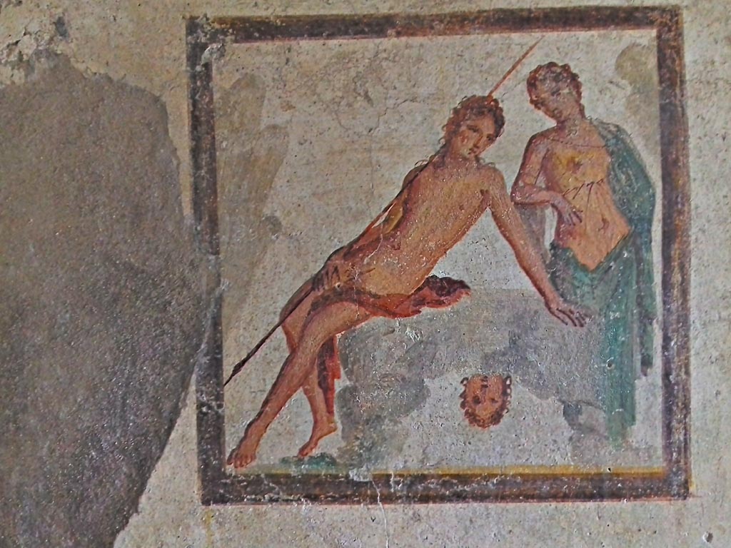 I.7.11 Pompeii. 2017/2018/2019.
Wall painting of Narcissus and Echo from centre of north wall. Photo courtesy of Giuseppe Ciaramella.
