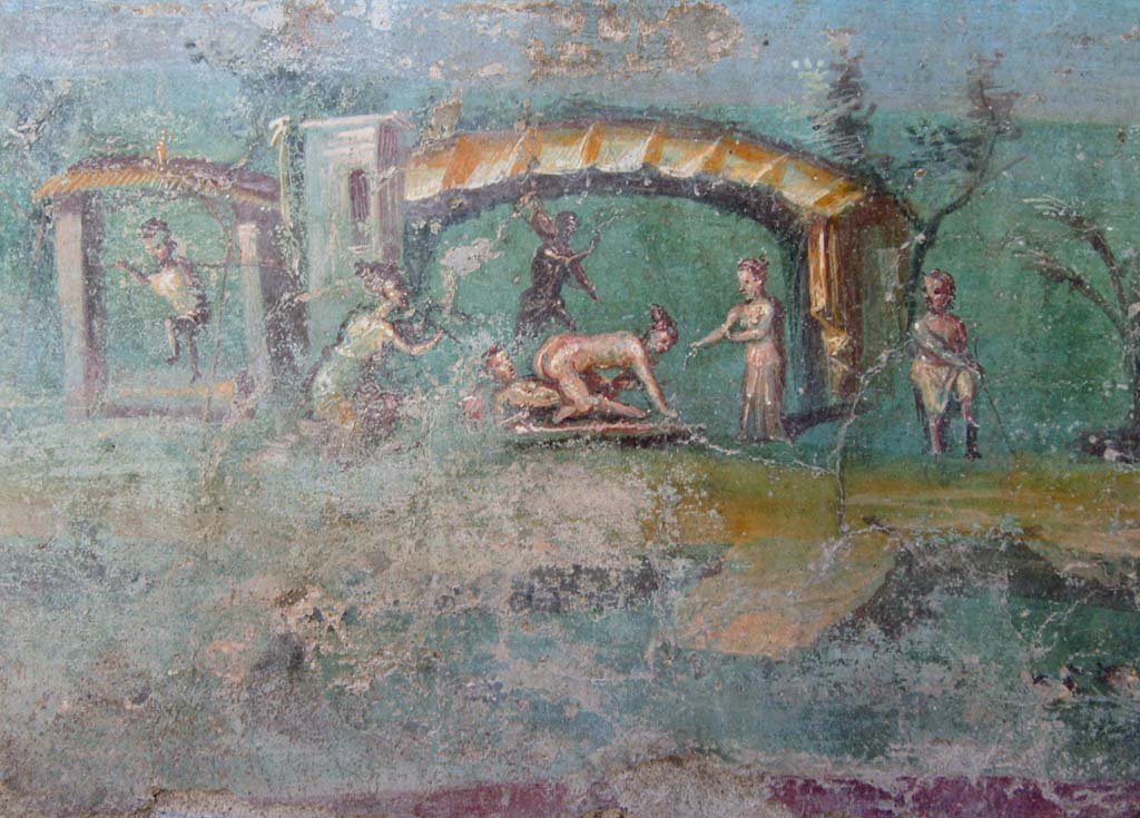 I.7.12 Pompeii. October 2018. 
Viridarium, painted erotic fresco on north end of west side of summer triclinium. Photo courtesy of Davide Peluso.

