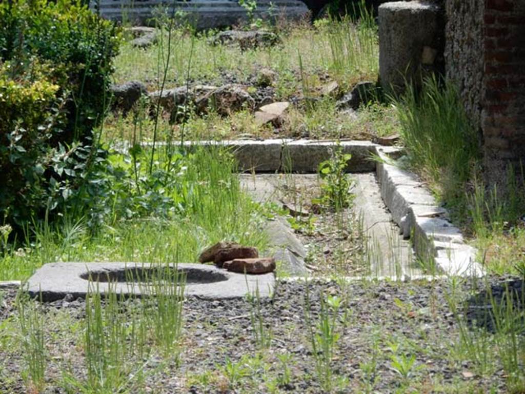 I.8.5 Pompeii.  May 2015. Looking south across garden area, from tablinum.  
Photo courtesy of Buzz Ferebee.  According to Jashemski, the garden was enclosed by a portico on the south, east and north sides. The west side portico had been enclosed to make rooms. A gutter outlined the four edges of the garden.
See Jashemski, W. F., 1993. The Gardens of Pompeii, Volume II: Appendices. New York: Caratzas, (p.42)
