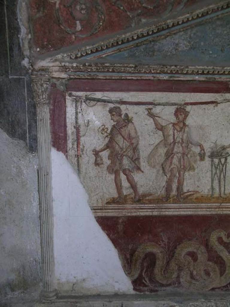 I.8.8 Pompeii. October 2004. Detail from lararium on south wall.  Photo courtesy of Nicolas Monteix.