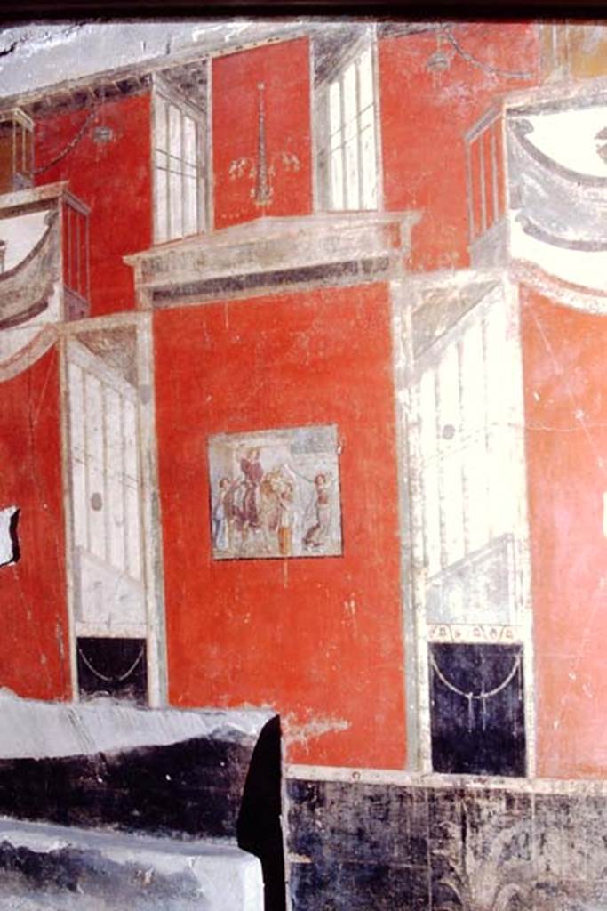 I.8.9 Pompeii, 1968.  Room 7, detail from panel above painted plant on east wall of triclinium. Photo by Stanley A. Jashemski.
Source: The Wilhelmina and Stanley A. Jashemski archive in the University of Maryland Library, Special Collections (See collection page) and made available under the Creative Commons Attribution-Non Commercial License v.4. See Licence and use details.
J68f0606
