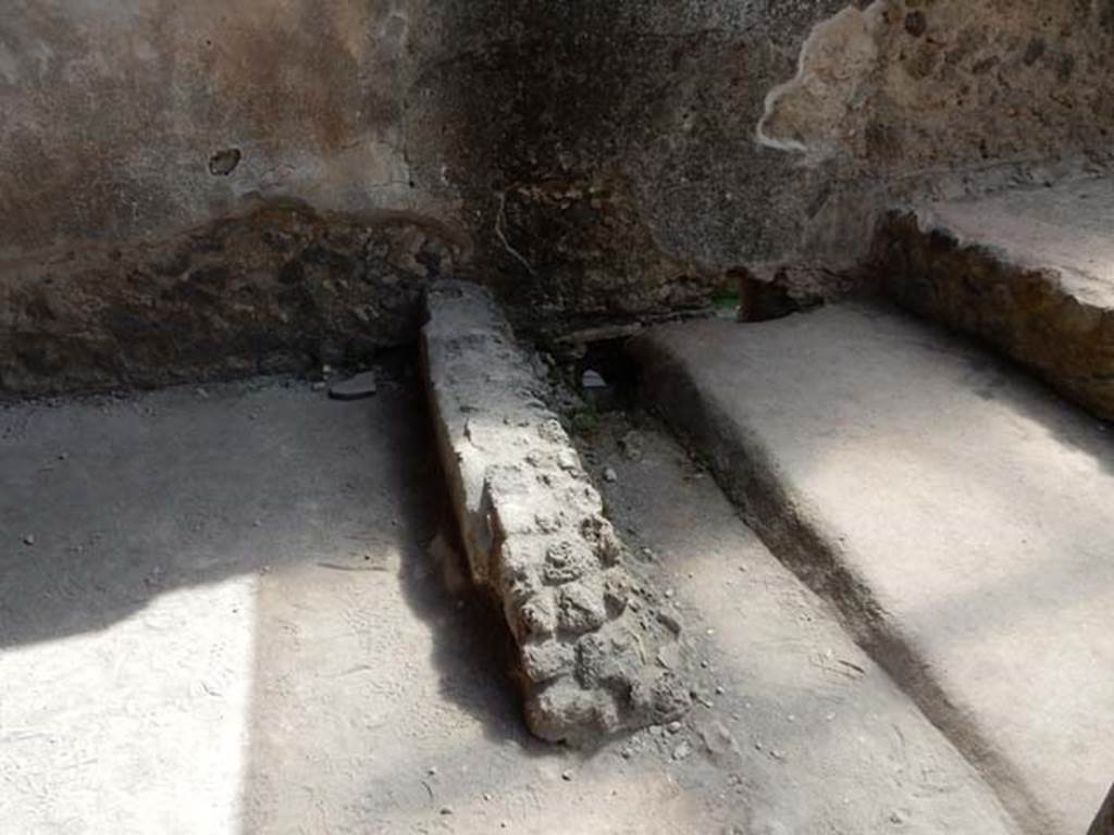 I.8.9 Pompeii. May 2015. Room 9, looking east towards the southern triclinium couch, with remains of yellow plaster on the outside.  Photo courtesy of Buzz Ferebee.

