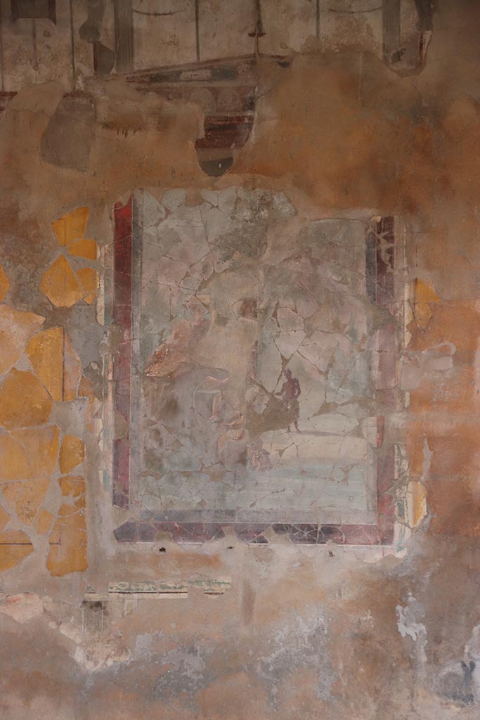 I.8.17 Pompeii. October 2024.
Room 18, west wall with painting of Pan and the nymphs. Photo courtesy of Klaus Heese.
