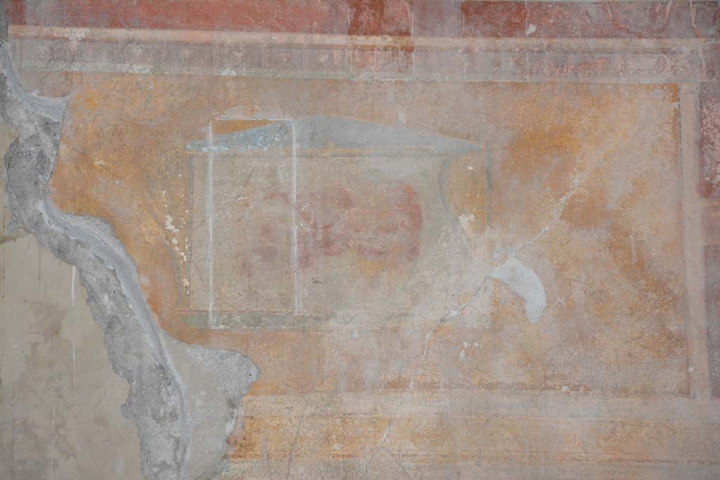 I.8.17 Pompeii. March 2019. Room 9, detail of panel with three masks, from upper east wall.
Foto Annette Haug, ERC Grant 681269 DÉCOR.

