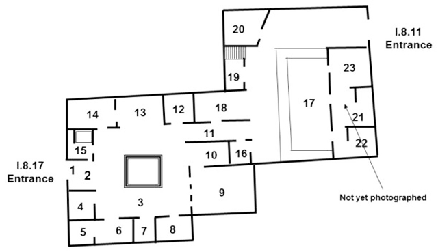 I.8.17 Pompeii. Casa dei Quattro Stili. 
Room Plan.