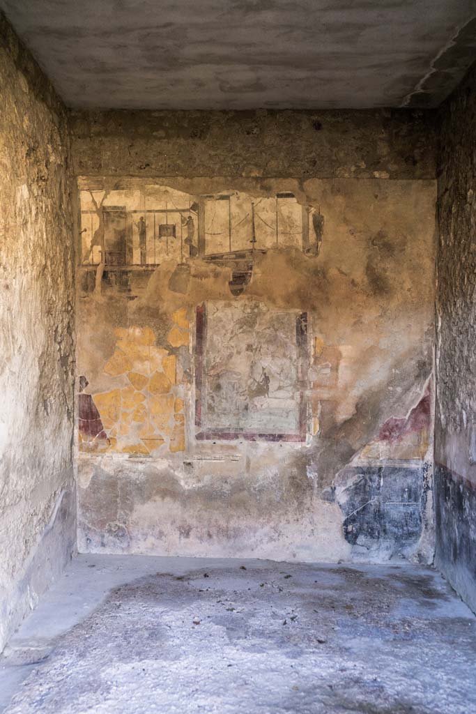 I.8.17 Pompeii. December 2021. 
Room 18, looking towards west wall with central painting of Pan and the nymphs.
Photo courtesy of Johannes Eber.
