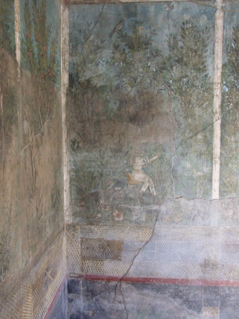 I.9.5 Pompeii. March 2009. Room 5.  Cubiculum. South wall.  East end.  Painting of seated pharaonic figure with plants and bird.