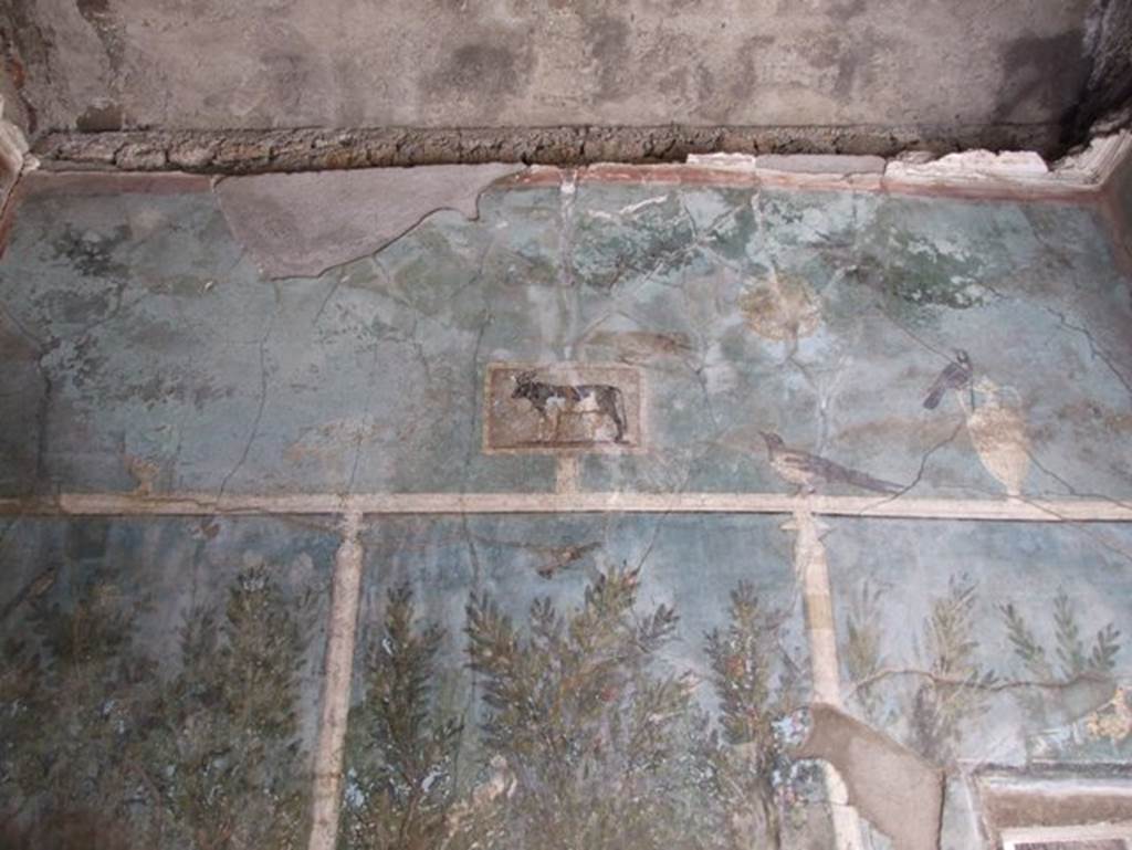 I.9.5 Pompeii. March 2009. Room 5.  Cubiculum.  South wall.  Upper part with painting of Apis bull, birds, garlands and vase.