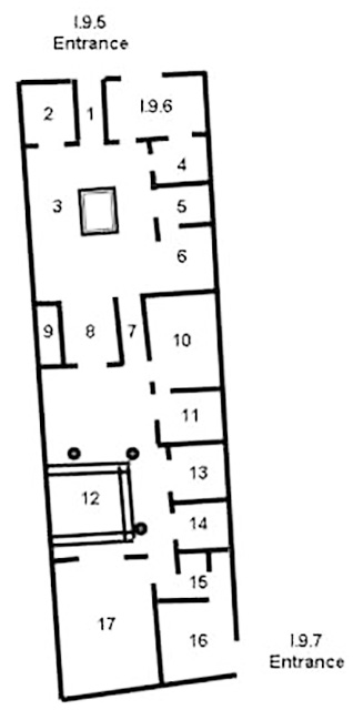 I.9.5 Pompeii. Casa dei Cubicoli Floreali or House of the Floral Cubicula 
or Casa del frutteto or House of the Orchard or Domus of Euplia
Room plan