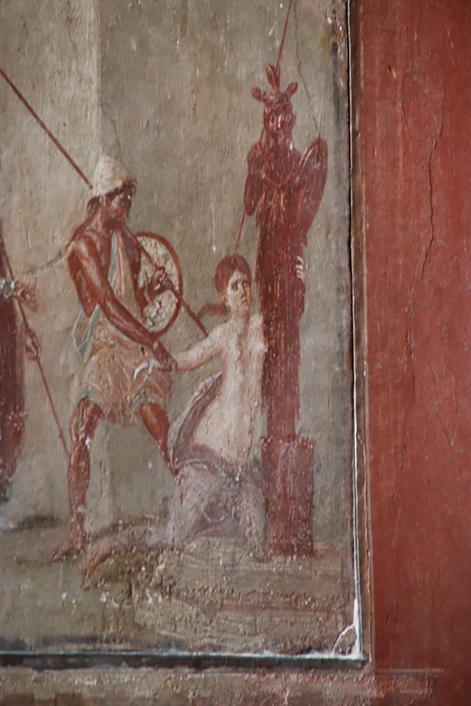 I.10.4 Pompeii. April 2022. Room 4, north wall with mythological scene. Photo courtesy of Johannes Eber.