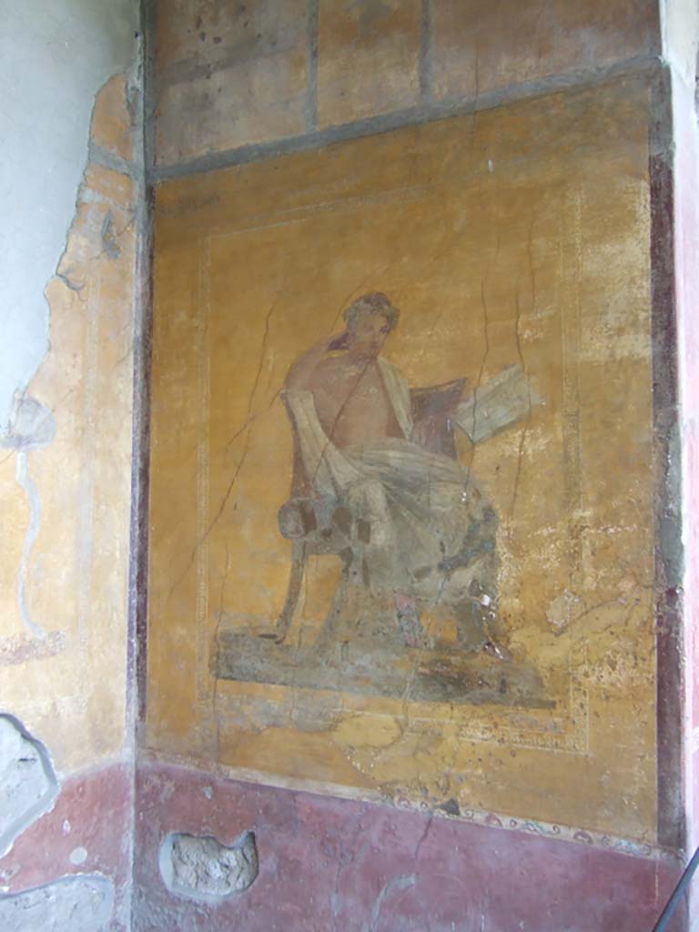 I.10.4 Pompeii. May 2006. Alcove 23, west wall with wall painting of poet. 