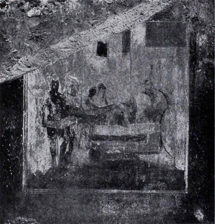 1.10.7 Pompeii. 1934. Room 8, north wall, wall painting of the Sacrifice of Sophonisba. 
See Notizie degli Scavi di Antichità, 1934, p.283, fig. 9.
