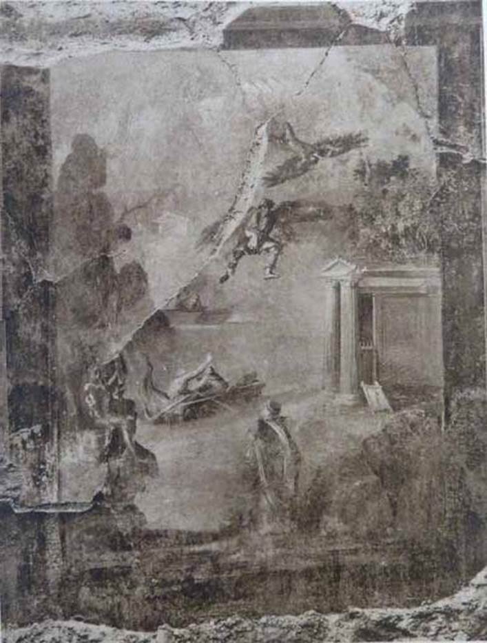 I.10.7 Pompeii. Old undated photograph of Daedalus and Icarus from west wall shortly after excavation.
