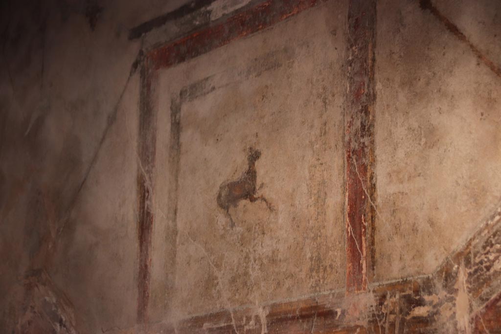 I.10.11 Pompeii. October 2022. Room 12, painting of a goat from upper part of south wall of cubiculum. Photo courtesy of Klaus Heese. 