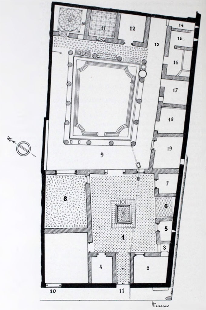 I.10.11 Pompeii. Plan, showing the various floorings of the rooms, not necessarily visible when we took our photos.
Some of our room numbers are also different from this early plan.
See Notizie degli Scavi, 1934, (p. 322).

For details of “finds” from this house, (including I.10.10),
See Allison, P.M. (2006). The Insula of the Menander at Pompeii: Vol. III The finds, Clarendon Press, Oxford, (p.232-246 & p.358-365, & Suppl. p.284-5).
See also the Online Companion with details and photos of the finds
