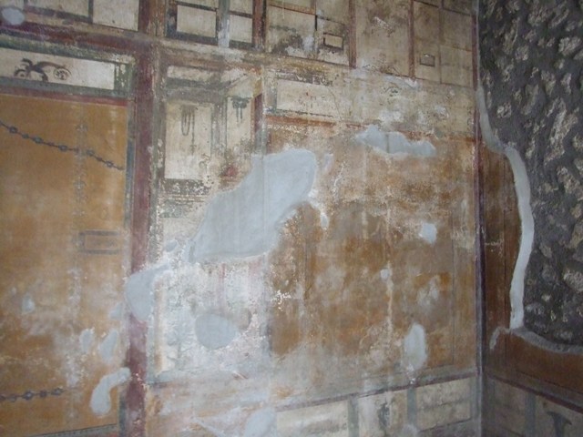 I.11.6 Pompeii. March 2009. Room 7, east wall of triclinium.  Wall painting of Acteon and Artemis, or Diana. See Bragantini, de Vos, Badoni, 1981. Pitture e Pavimenti di Pompei, Parte 1. Rome: ICCD. Page 155.

