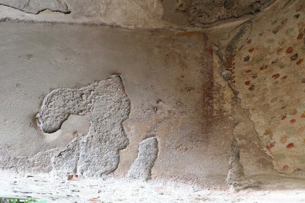 I.12.5 Pompeii. September 2015. Looking through the triclinium window at painted plaster in garden.
