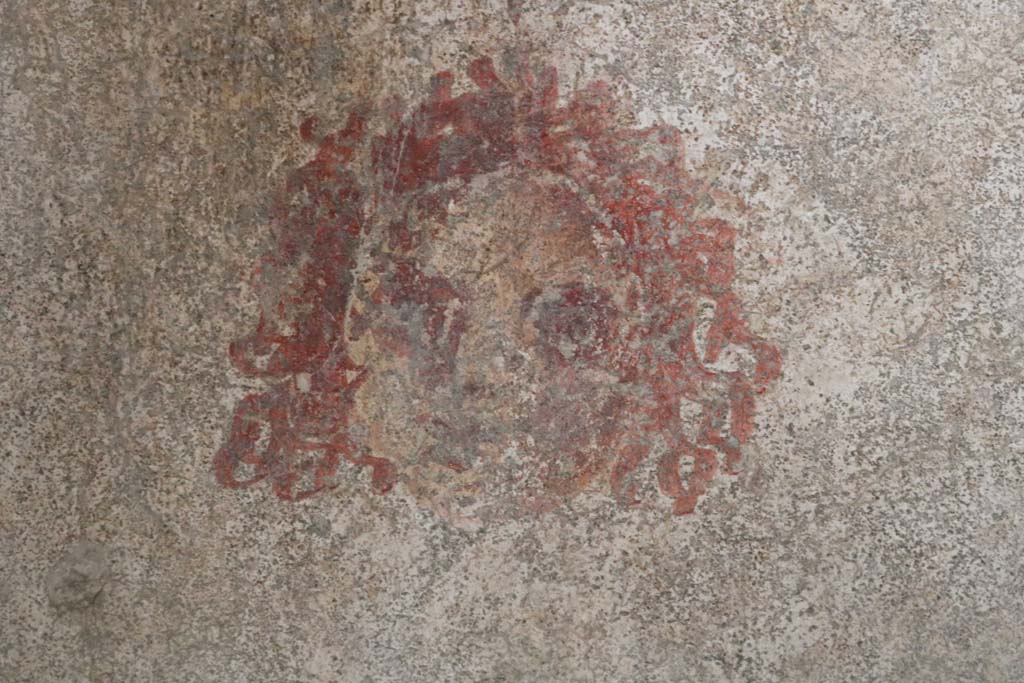I.12.5 Pompeii. December 2018. Detail of painted mask from east side of middle zone of north wall. Photo courtesy of Aude Durand.