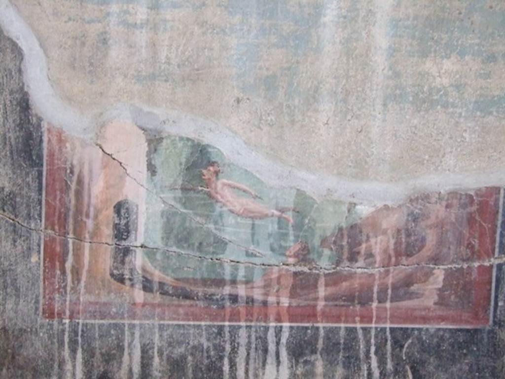 I.12.11 Pompeii.  December 2007.  Triclinium on the west side of the tablinum area.  Remains of wall painting of Hero and Leander.